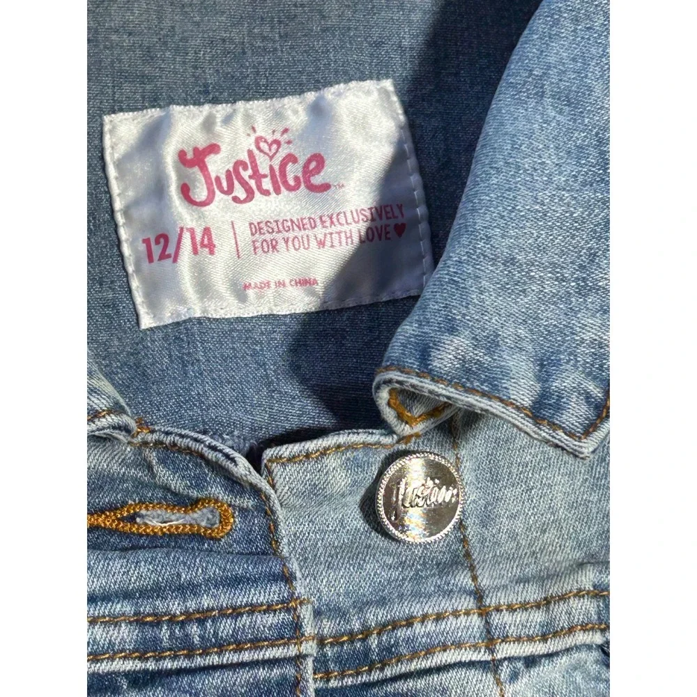 Justice Girls Silver Metallic Foil Denim Vest Light Wash Blue Size 12/14 Shimmer